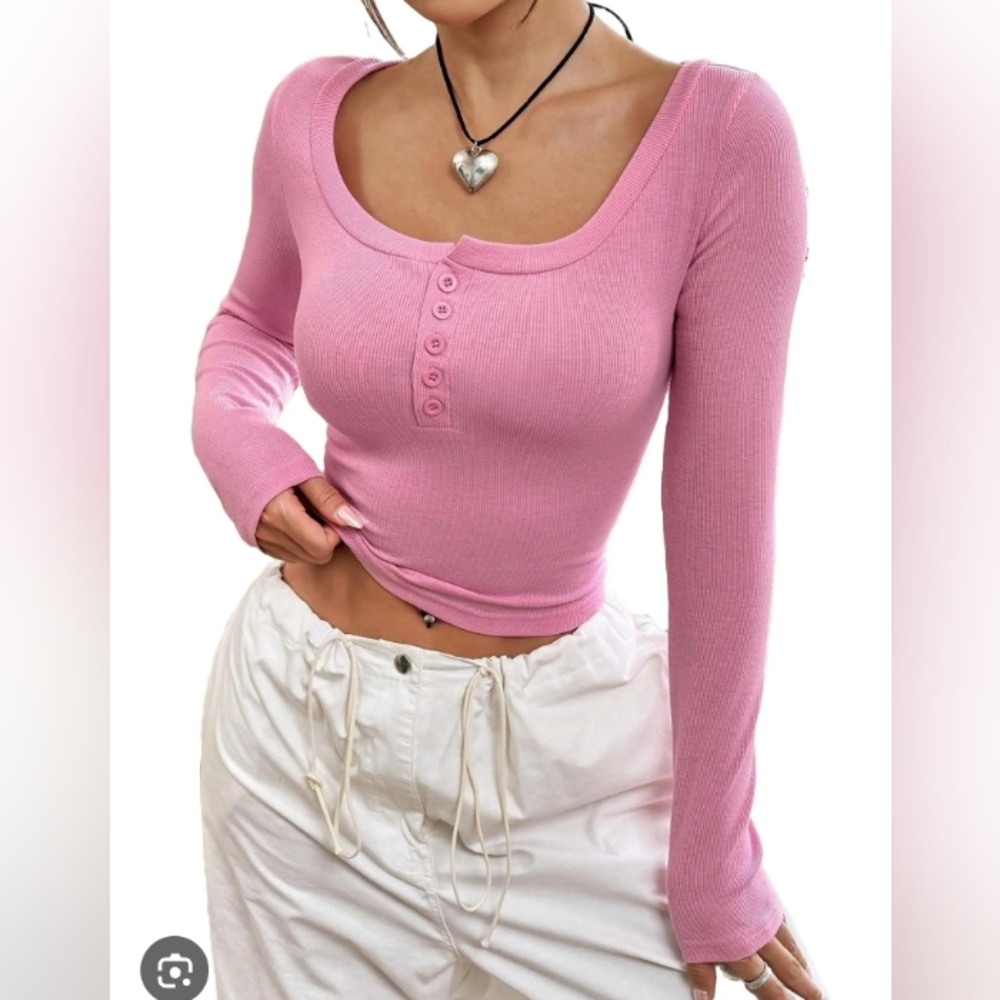 Dazy Women’s Top M – Y2K Barbiecore Pink Cropped Ribbed Long Sleeve